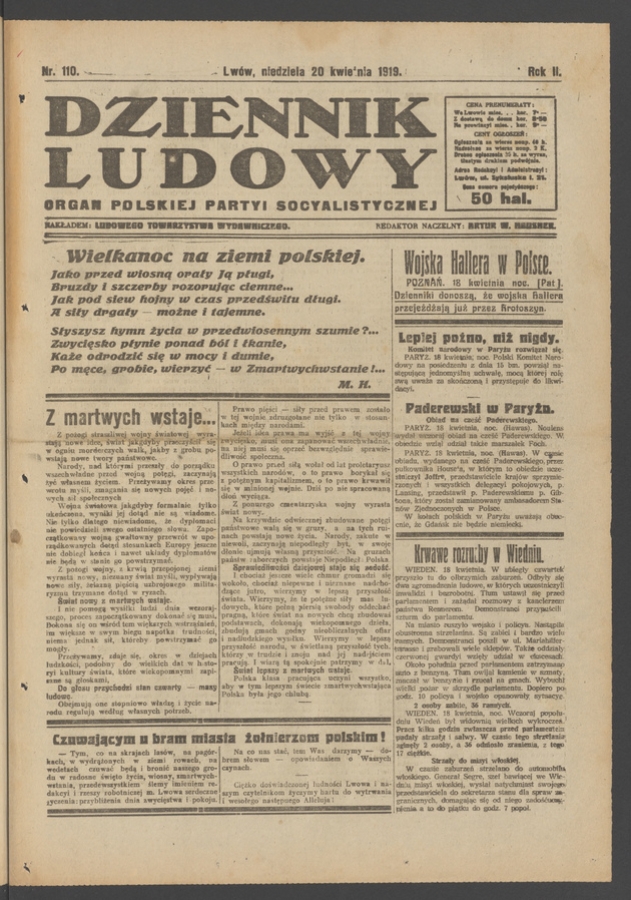 Dziennik Ludowy&nbsp;: organ Polskiej Partyi Socyalistycznej. Rok&nbsp;2, 1919, numer&nbsp;110