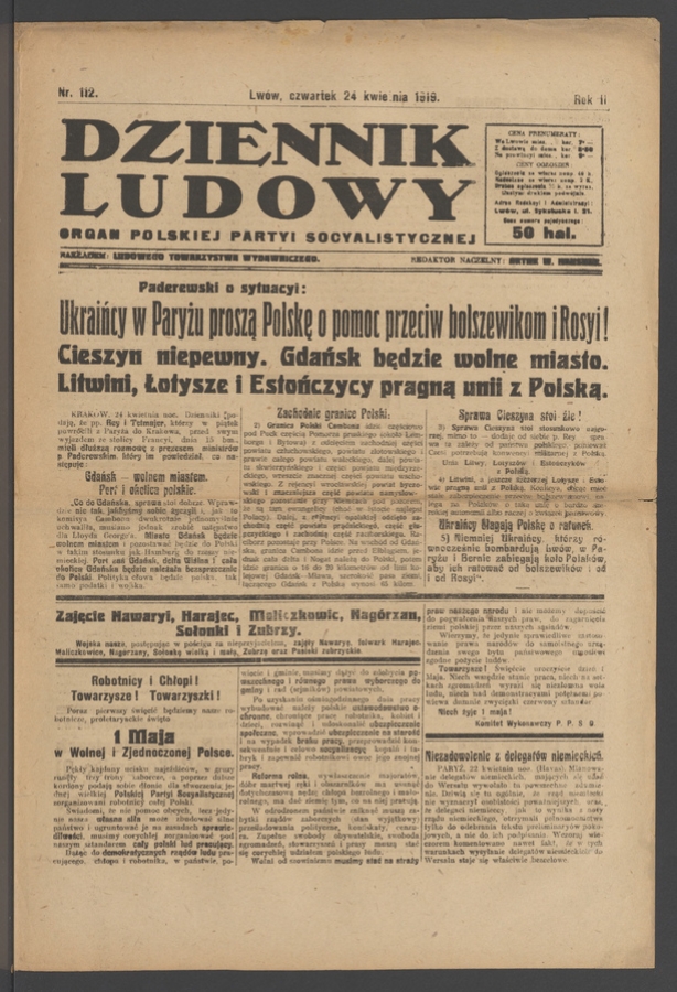 Dziennik Ludowy&nbsp;: organ Polskiej Partyi Socyalistycznej. Rok&nbsp;2, 1919, numer&nbsp;112