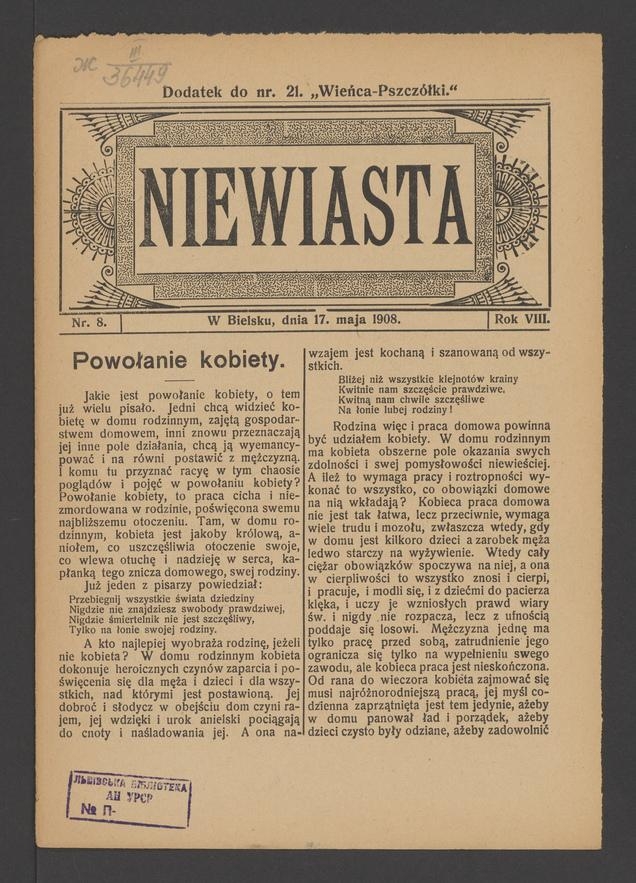 Niewiasta : dodatek do&nbsp;numeru&nbsp;21 &bdquo;Wieńca-Pszcz&oacute;łki&rdquo;. Rok&nbsp;8, 1908, numer&nbsp;8