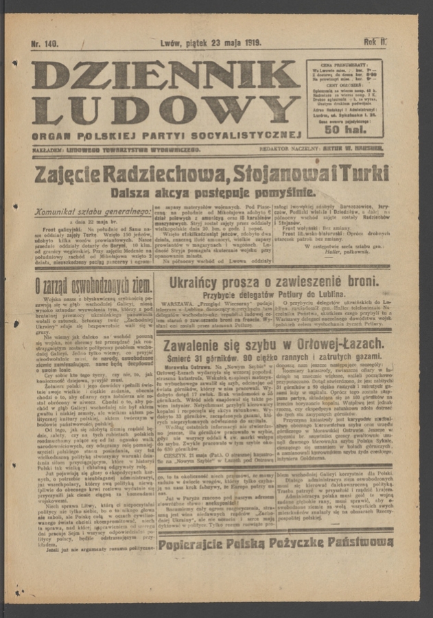 Dziennik Ludowy&nbsp;: organ Polskiej Partyi Socyalistycznej. Rok&nbsp;2, 1919, numer&nbsp;140