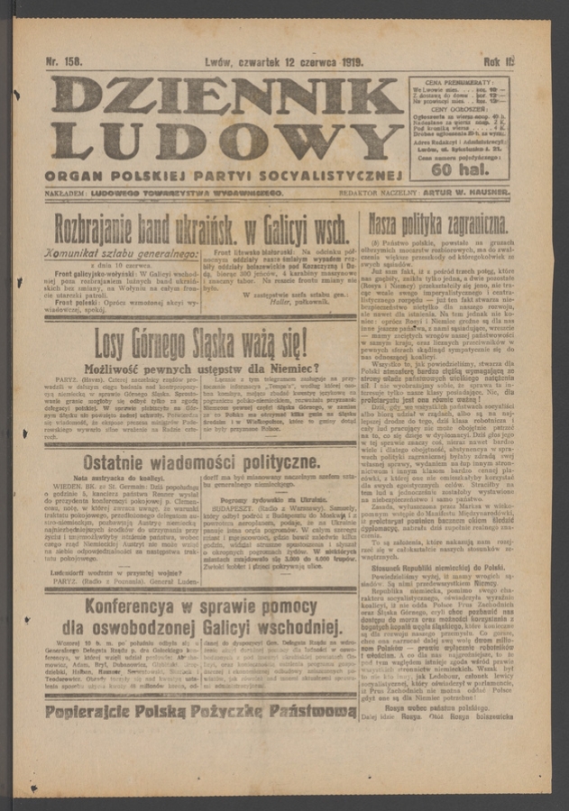 Dziennik Ludowy : organ Polskiej Partyi Socyalistycznej. Rok 2, 1919, numer 158