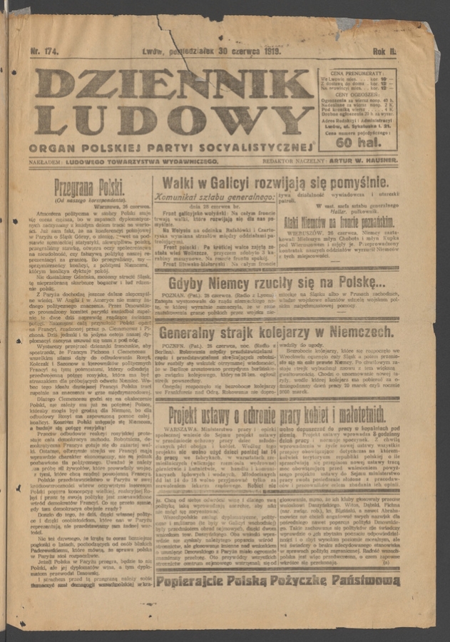 Dziennik Ludowy&nbsp;: organ Polskiej Partyi Socyalistycznej. Rok&nbsp;2, 1919, numer&nbsp;174