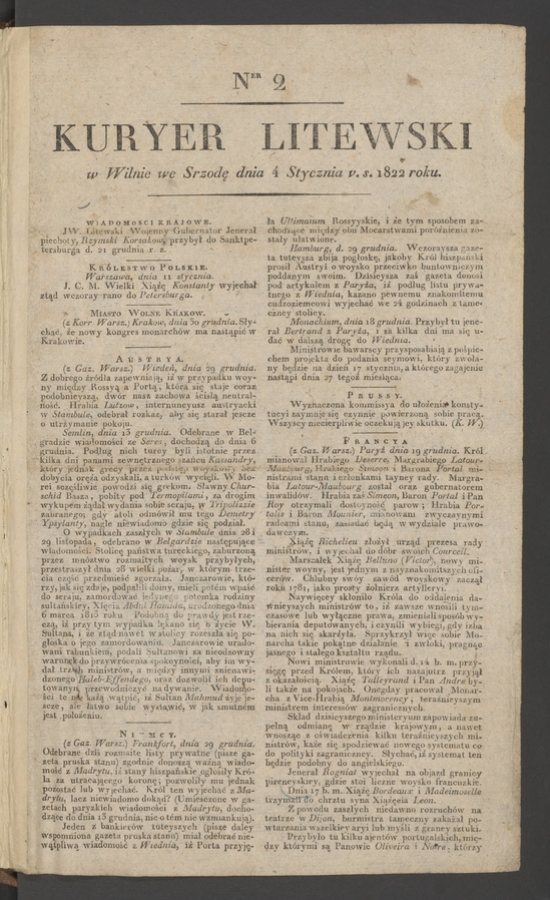 Kuryer Litewski. 1822, numer&nbsp;2