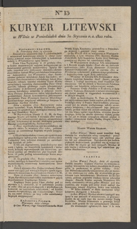 Kuryer Litewski. 1822, numer&nbsp;13
