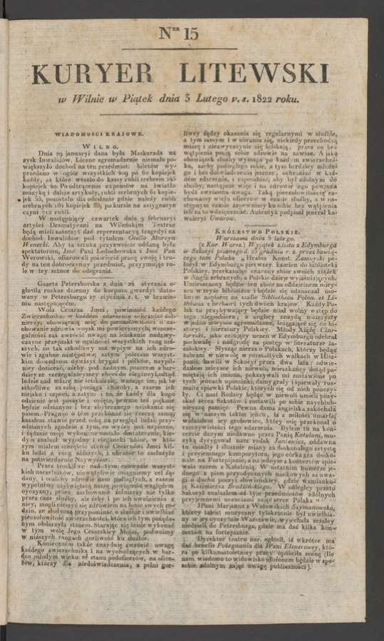 Kuryer Litewski. 1822, numer&nbsp;15