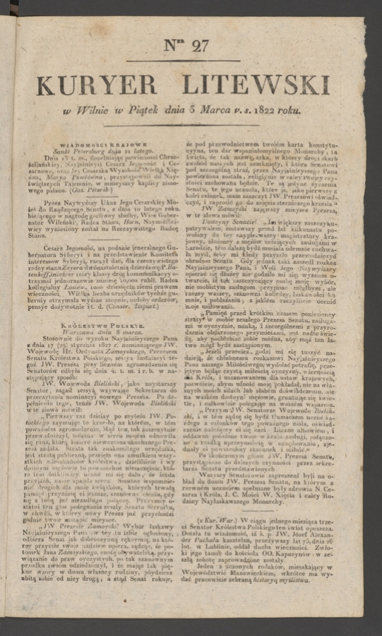 Kuryer Litewski. 1822, numer&nbsp;27