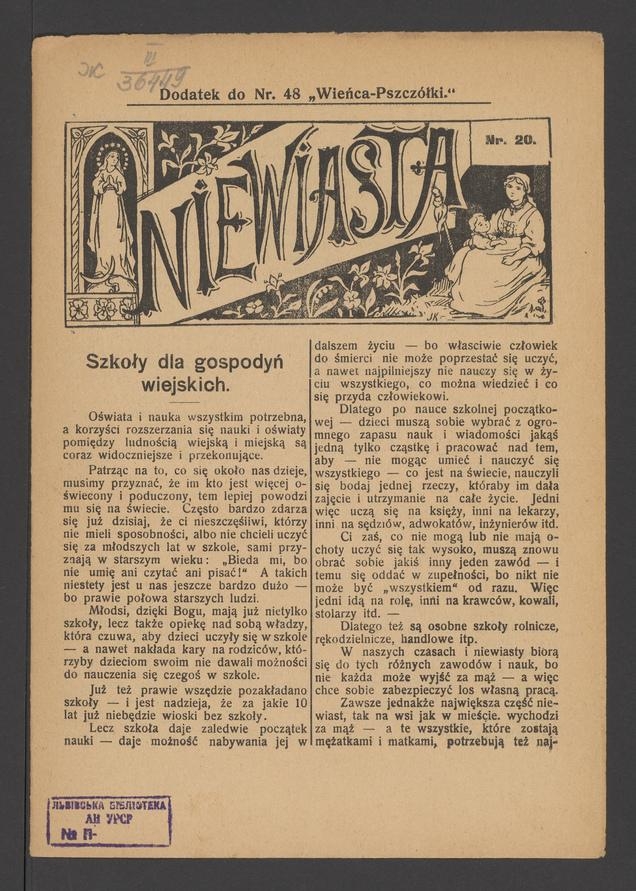 Niewiasta : dodatek do&nbsp;numeru&nbsp;48 &bdquo;Wieńca-Pszcz&oacute;łki&rdquo;. Rok&nbsp;8, 1908, numer&nbsp;20