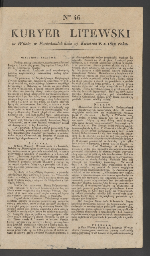 Kuryer Litewski. 1822, numer&nbsp;46