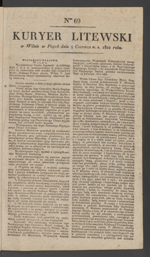 Kuryer Litewski. 1822, numer&nbsp;69