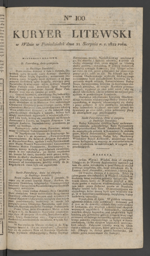 Kuryer Litewski. 1822, numer&nbsp;100