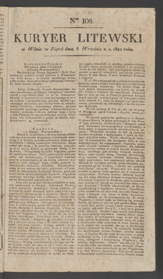 Kuryer Litewski. 1822, numer&nbsp;108