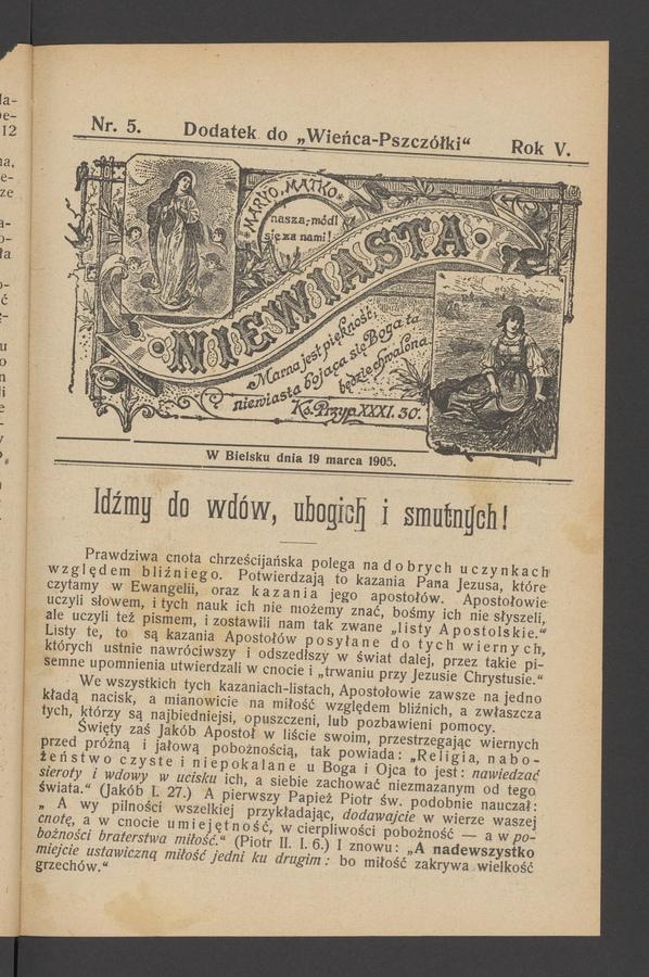 Niewiasta : dodatek do&nbsp;&bdquo;Wieńca-Pszcz&oacute;łki&rdquo;. Rok&nbsp;5, 1905, numer&nbsp;5