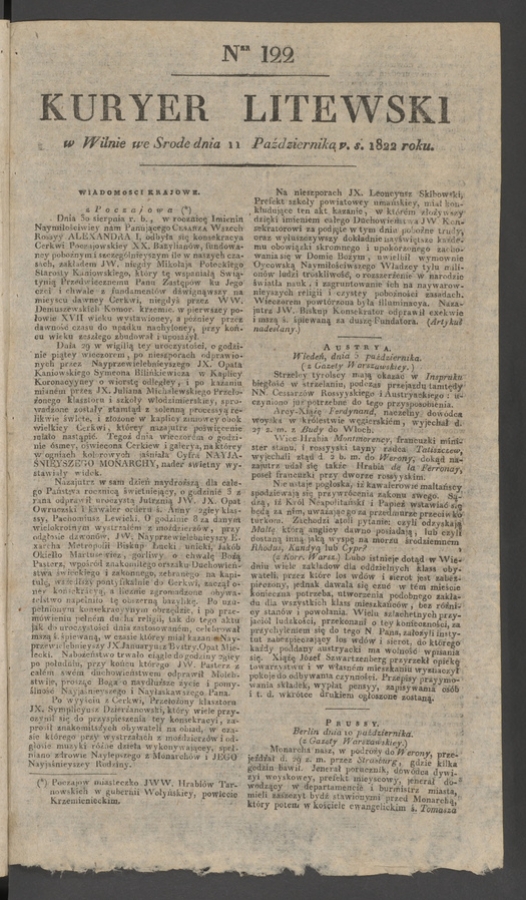Kuryer Litewski. 1822, numer&nbsp;122