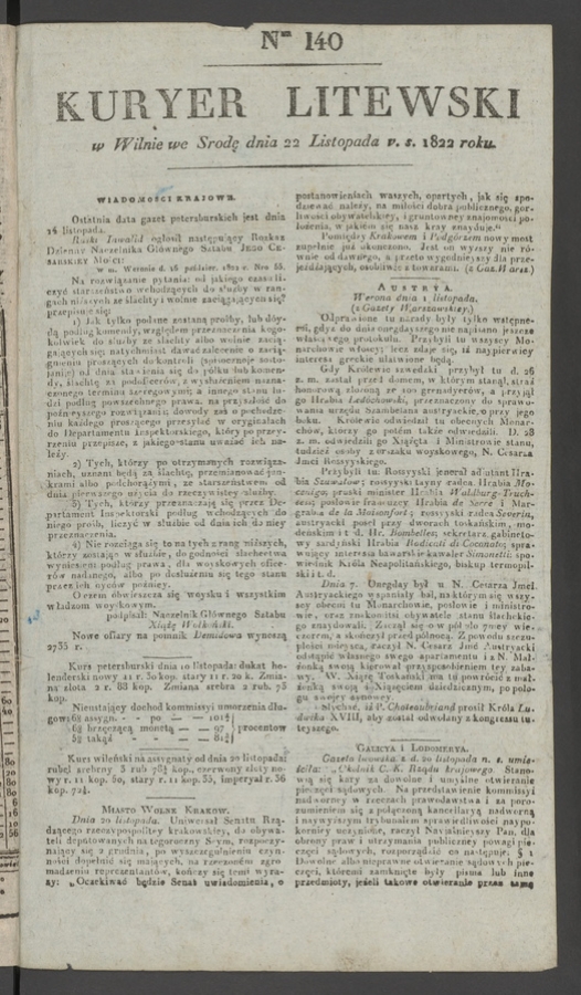 Kuryer Litewski. 1822, numer&nbsp;140