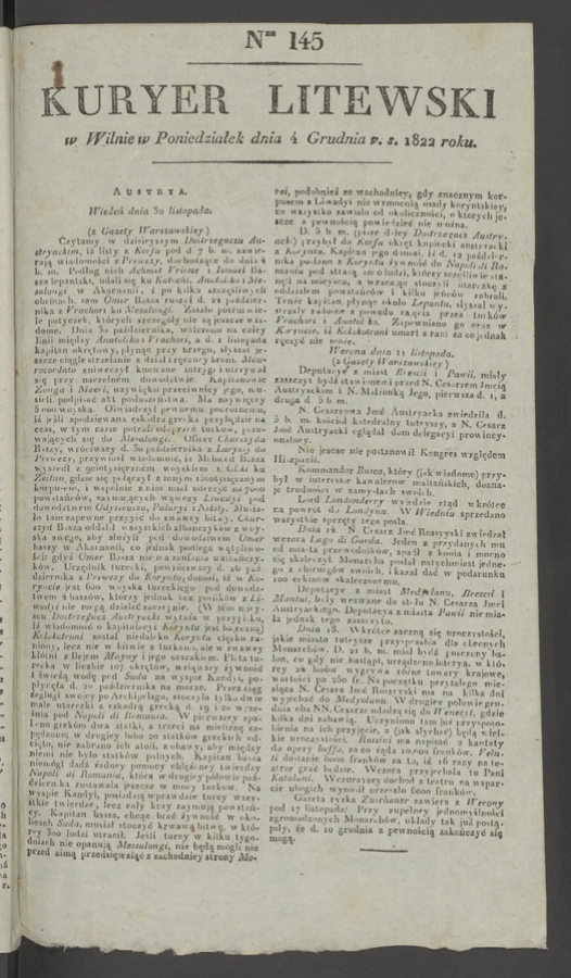 Kuryer Litewski. 1822, numer&nbsp;145