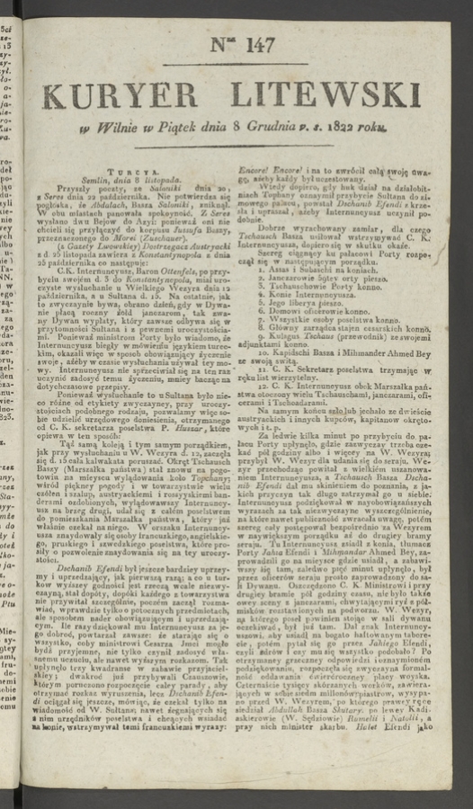 Kuryer Litewski. 1822, numer&nbsp;147