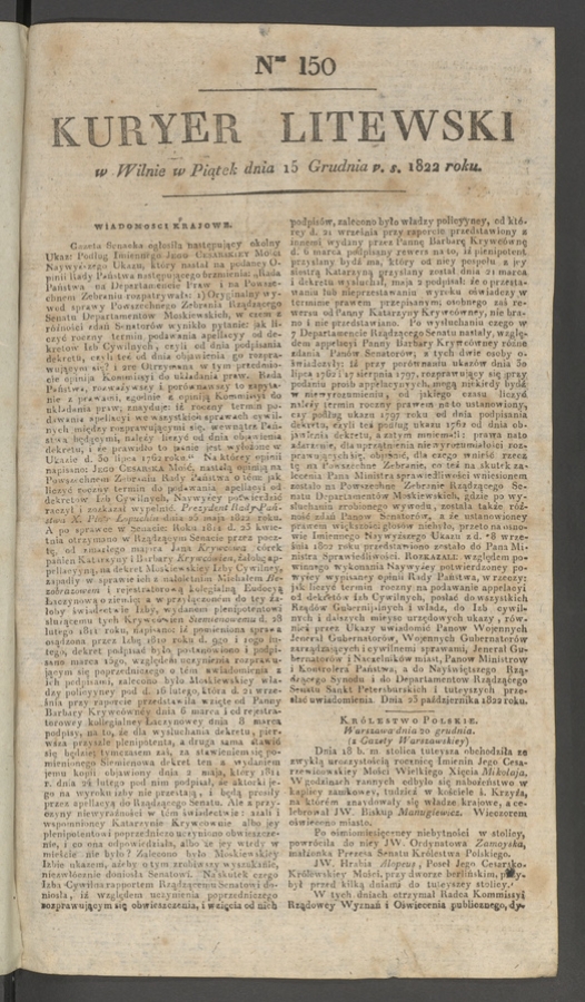 Kuryer Litewski. 1822, numer&nbsp;150