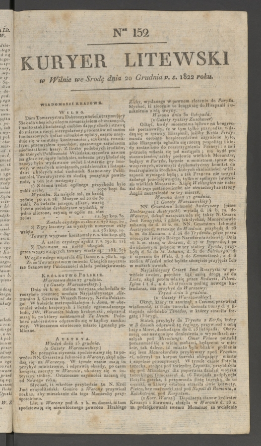 Kuryer Litewski. 1822, numer&nbsp;152