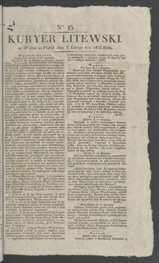 Kuryer Litewski. 1833, numer&nbsp;15