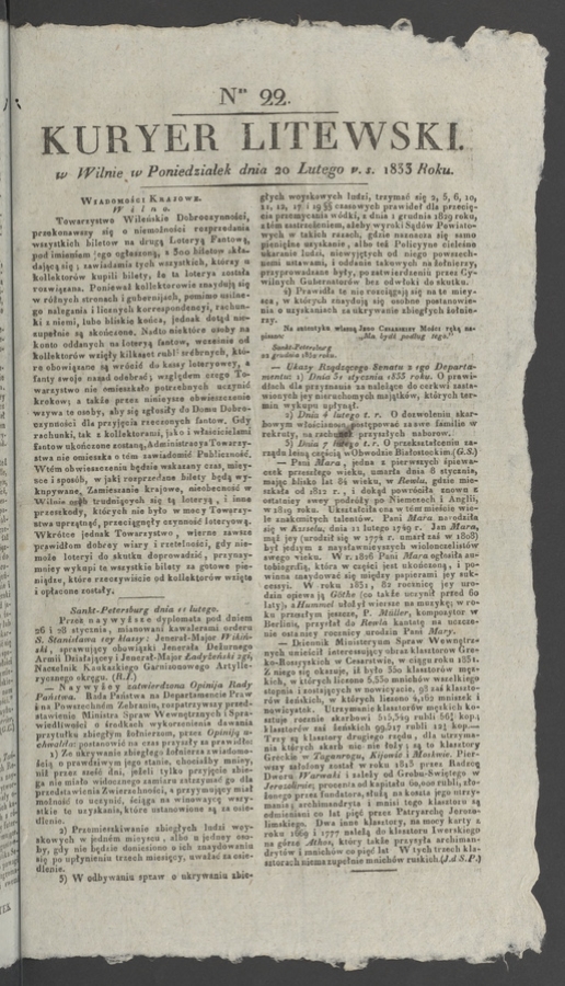 Kuryer Litewski. 1833, numer&nbsp;22
