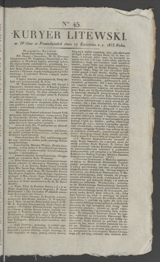Kuryer Litewski. 1833, numer&nbsp;45