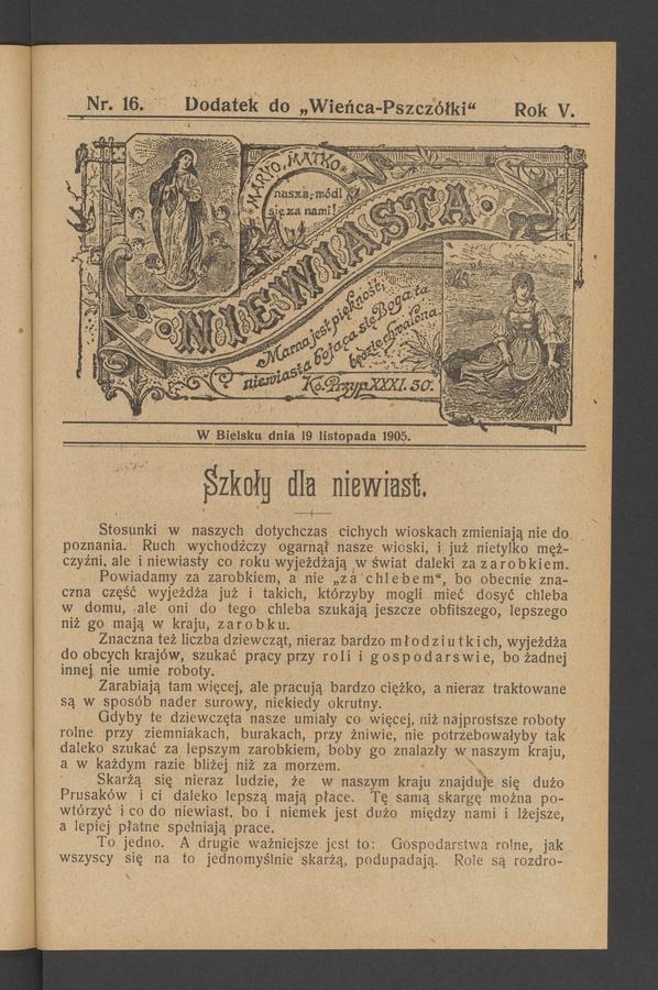 Niewiasta : dodatek do&nbsp;&bdquo;Wieńca-Pszcz&oacute;łki&rdquo;. Rok&nbsp;5, 1905, numer&nbsp;16