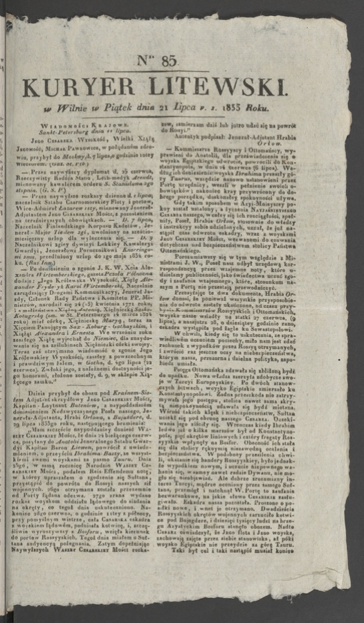 Kuryer Litewski. 1833, numer&nbsp;85
