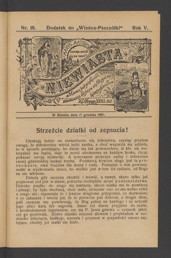 Niewiasta : dodatek do&nbsp;&bdquo;Wieńca-Pszcz&oacute;łki&rdquo;. Rok&nbsp;5, 1905, numer&nbsp;18