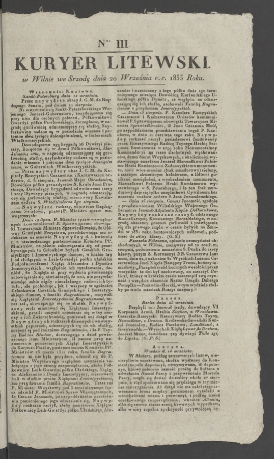 Kuryer Litewski. 1833, numer&nbsp;111
