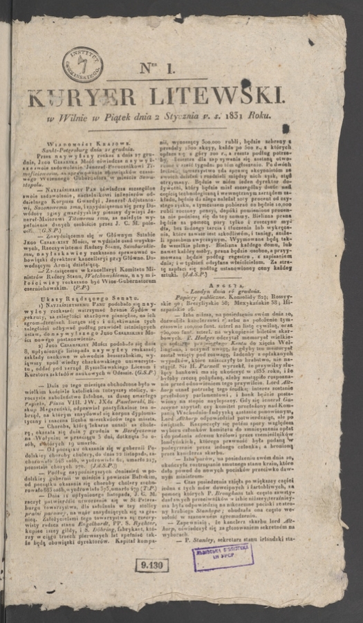 Kuryer Litewski. 1831, numer&nbsp;1