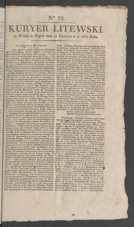 Kuryer Litewski. 1831, numer&nbsp;72