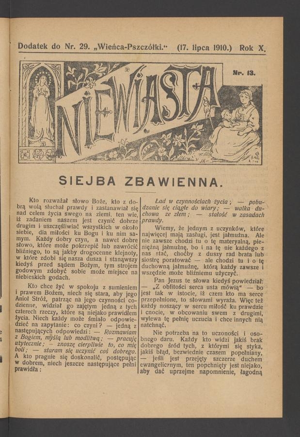 Niewiasta : dodatek do numeru 29 „Wieńca-Pszczółki”. Rok 10, 1910, numer 13