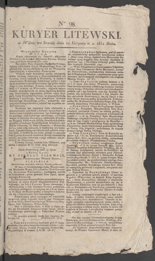 Kuryer Litewski. 1831, numer&nbsp;98
