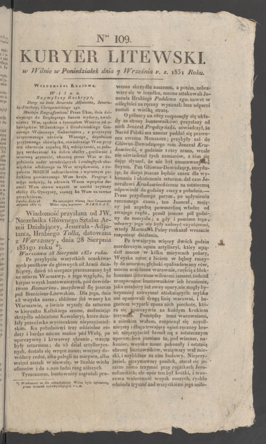 Kuryer Litewski. 1831, numer&nbsp;109