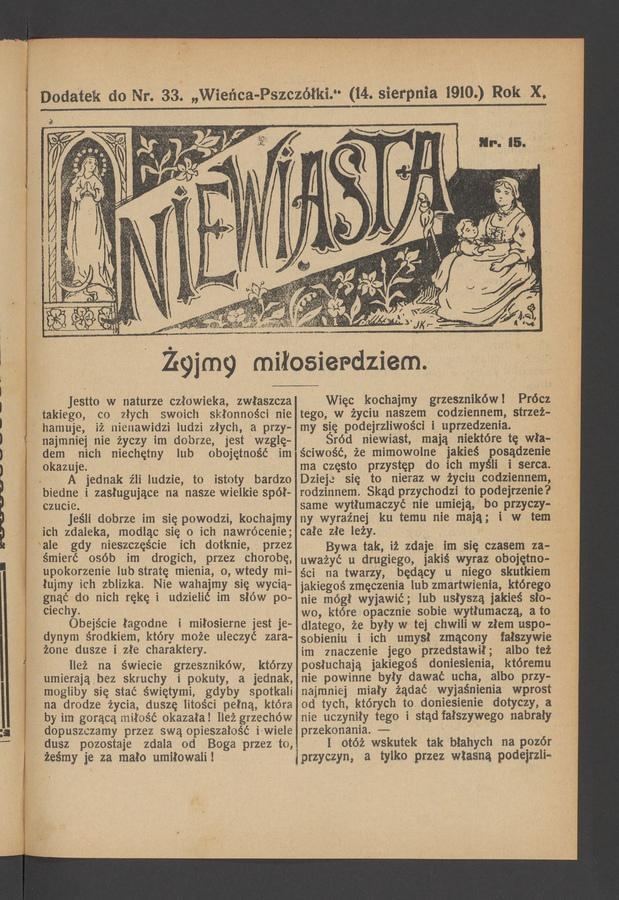 Niewiasta : dodatek do numeru&nbsp;33&nbsp;&bdquo;Wieńca-Pszcz&oacute;łki&rdquo;. Rok&nbsp;10, 1910, numer&nbsp;15