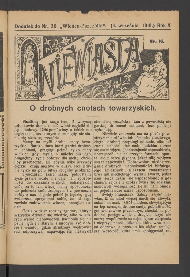 Niewiasta : dodatek do numeru 36 „Wieńca-Pszczółki”. Rok 10, 1910, numer 16