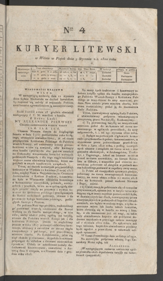 Kuryer Litewski. 1820, numer&nbsp;4