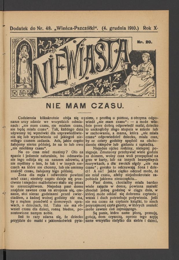 Niewiasta : dodatek do numeru 48 „Wieńca-Pszczółki”. Rok 10, 1910, numer 20