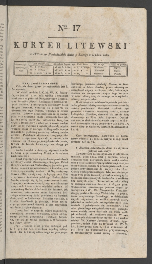 Kuryer Litewski. 1820, numer&nbsp;17