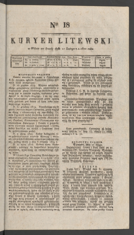 Kuryer Litewski. 1820, numer&nbsp;18