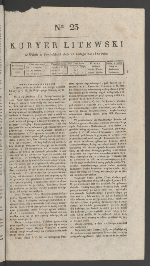 Kuryer Litewski. 1820, numer&nbsp;23