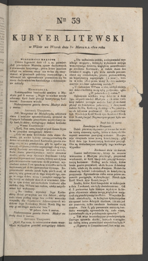 Kuryer Litewski. 1820, numer&nbsp;38