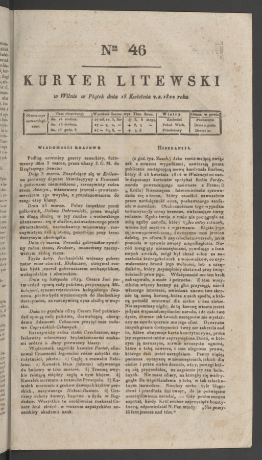 Kuryer Litewski. 1820, numer&nbsp;46