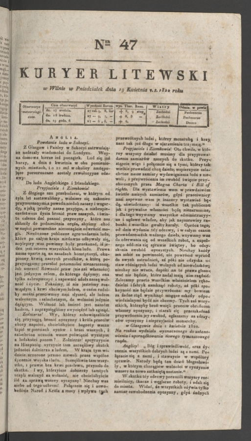 Kuryer Litewski. 1820, numer&nbsp;47
