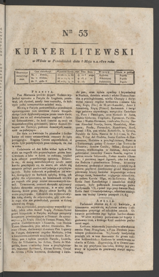 Kuryer Litewski. 1820, numer&nbsp;53