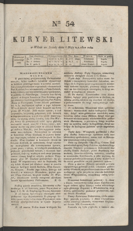 Kuryer Litewski. 1820, numer&nbsp;54