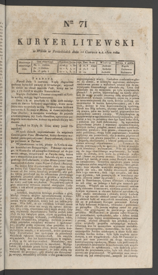 Kuryer Litewski. 1820, numer&nbsp;71