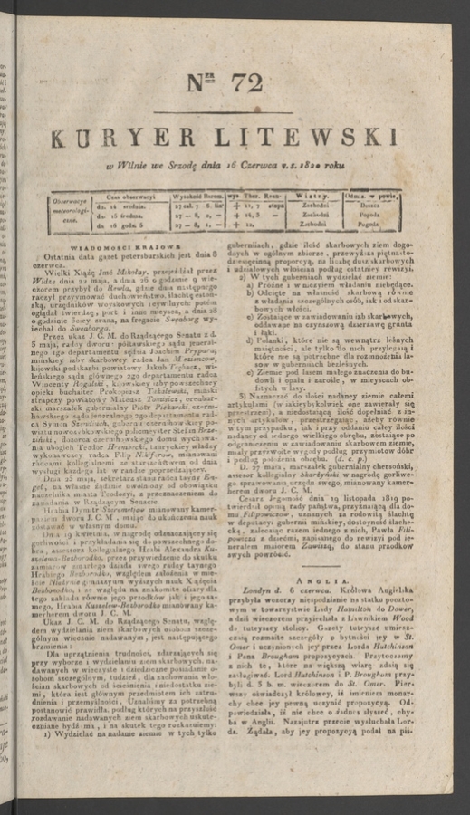 Kuryer Litewski. 1820, numer 72