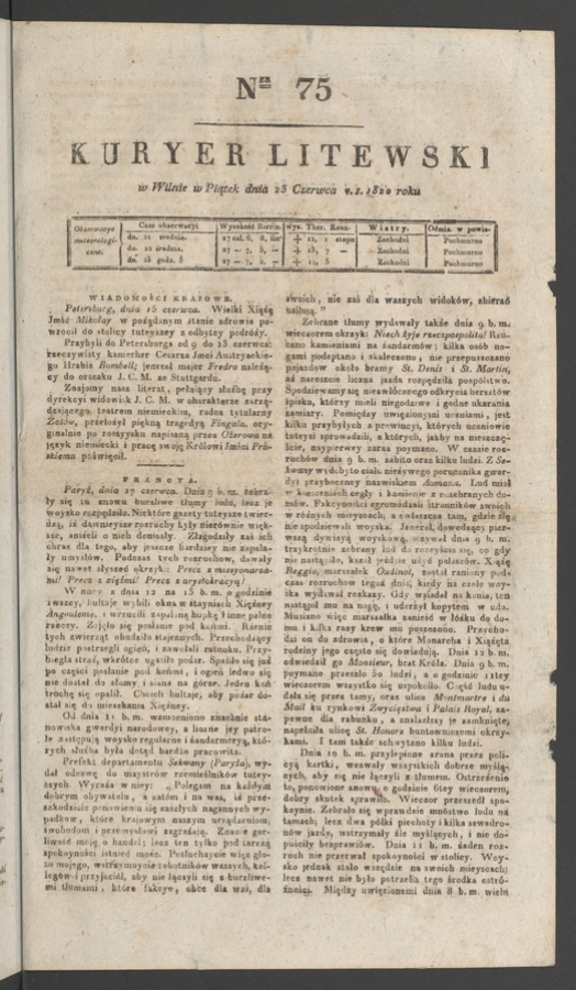 Kuryer Litewski. 1820, numer&nbsp;75