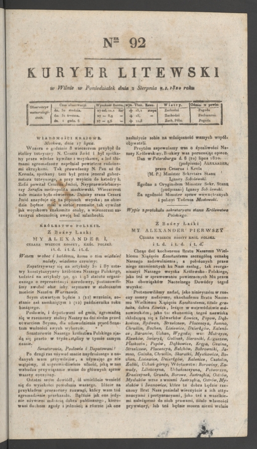 Kuryer Litewski. 1820, numer&nbsp;92
